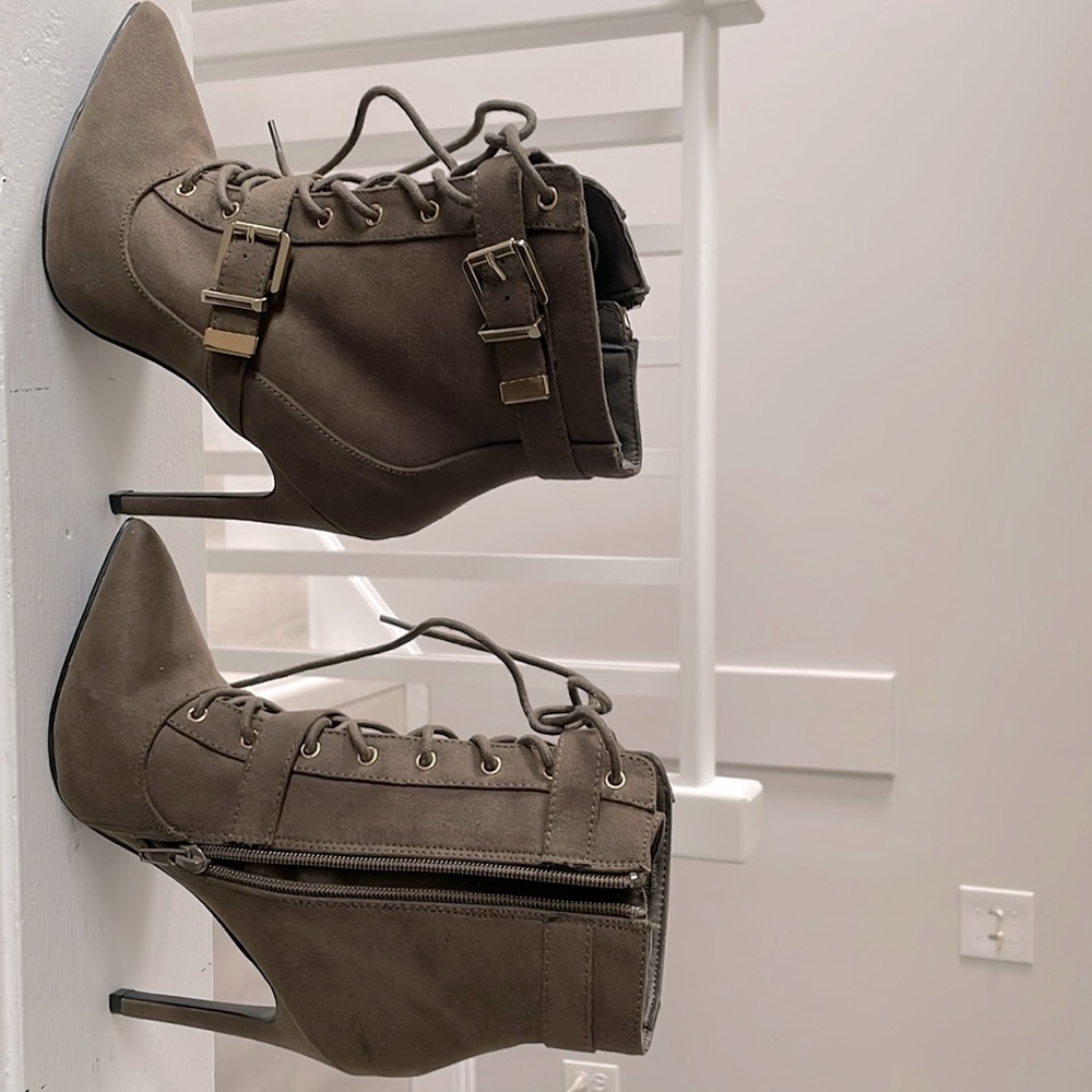 Olive green heeled pointed toe booties